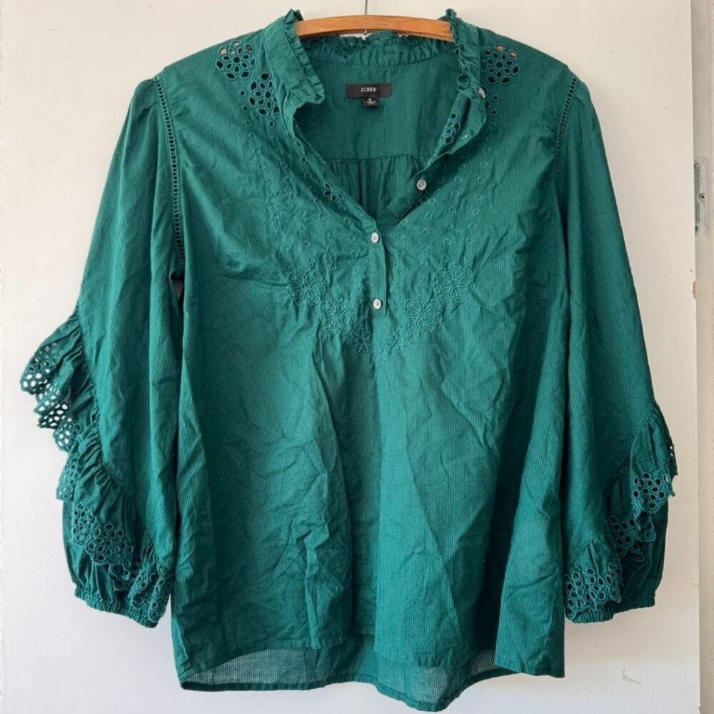 J Crew Dark Green Ruffled Embroidered Eyelet Bib Feminine Top Size S